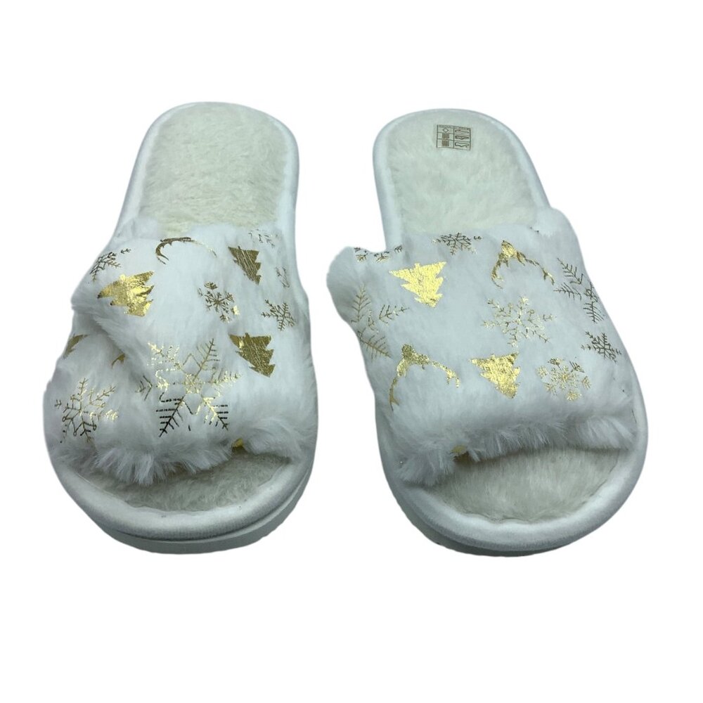 Christmas White Fuzzy Slippers‎ Gold Tree Snowflake Women EU 42-43 NEW